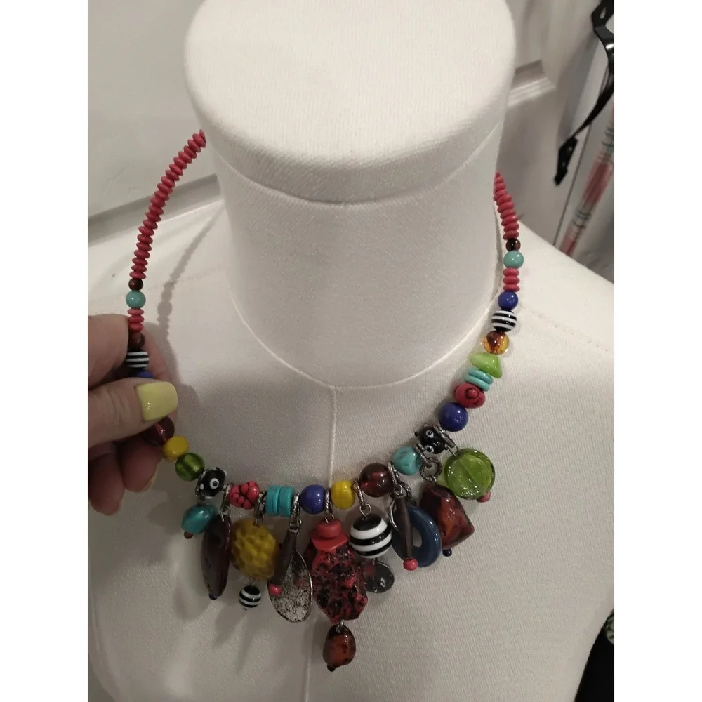 Multicolor‎ Beaded Statement Charm Necklace Eclectic Mixed Media Boho Jewelry